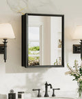 Sleek Black Recessed Medicine Cabinet With Mirror Premium Beveled Aluminum Frame 14 By 18 Inches displayed in a modern bathroom.