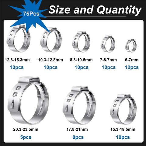 Front view of Seept 75pc stainless steel single-ear hose clamp kit in 8 sizes (6–23.5mm) for automotive/home use