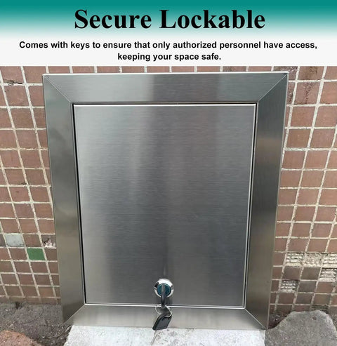 Rock Solid Waterproof Stainless Steel Lockable Access Door With Secure Key And Quick Snap Install Design For Attic Ceiling Wall Hatch Drywall Patch Cover Panel Trim, showing key lock detail.