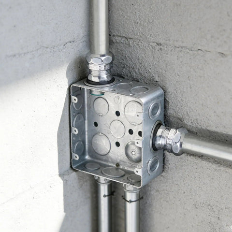Heavy Duty 25 Pack Of 1/2 Inch EMT Raintight Compression Connectors, Built Tough Zinc Steel Outlet Boxes, Seriously Waterproof And CULus Certified For Zero Drama Wiring Runs - Installed EMT outlet box with compression connectors.