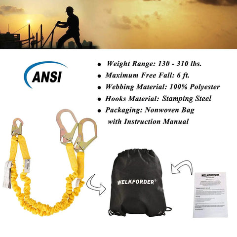 Double Leg 6 Foot Fall Protection Lanyard With Internal Shock Absorber Stretchable Safety Lanyard and accessories displayed