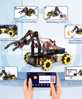 ACEBOTT robot arm expansion pack smart car starter kit; front view with yellow 4WD mecanum wheels and robotic arm