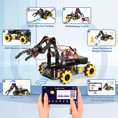 ACEBOTT robot arm expansion pack smart car starter kit; front view with yellow 4WD mecanum wheels and robotic arm
