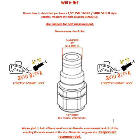 Diagram of Half Inch ISO 16028 Flat Face Skid Steer Male Hydraulic Quick Coupler Pressure Decompression Relief Release Tool with measurements.