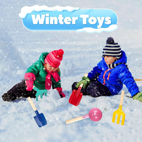 Children playing in snow with Five Piece Kids Garden Set With Metal Handle Tools For Ages 3 To 8 including spoon, fork, shovels.