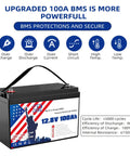 12.8V 100Ah LiFePO4 Battery With Grade A Cells Group 31 Built In 100A BMS Delivers 15000 Deep Cycles And Long Lasting Off Grid Ready Power For Solar Systems Home Energy RVs Boats displayed with BMS protection features