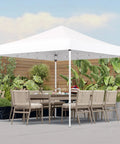 Outdoor setup with Easy Up 10x10 Pop Up Canopy Tent with Heavy Duty Frame Hangout Ready Beach Shade Shelter and dining table underneath.