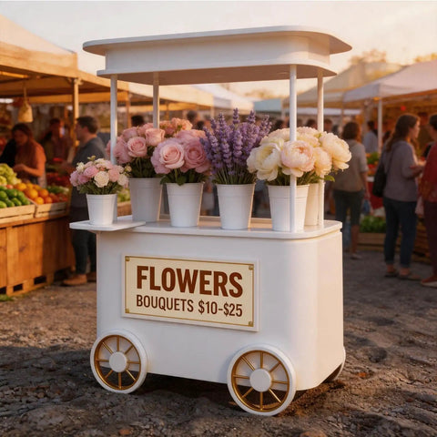 Slick Custom Mobile Food Cart With Roof And Heavy Duty Portable Vendor Display Kiosk For Coffee Snacks Desserts Trade Shows Plus Full Color Branding Makeover with flower arrangements on display.