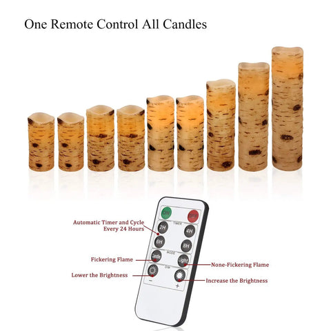 Birch Effect Flameless Wax Pillar Candles Set Of 9 LED Battery Operated Pillars 4 5 6 7 8 9 Inches With 10 Key Remote displayed.