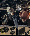 Mechanic using Bright 1200 Lumen Rechargeable Headlamp with Dual LEDs, Waterproof Outdoor Headlight for precision work.