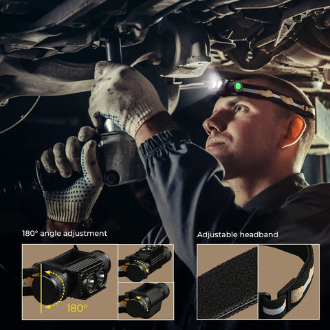 Mechanic using Bright 1200 Lumen Rechargeable Headlamp with Dual LEDs, Waterproof Outdoor Headlight for precision work.