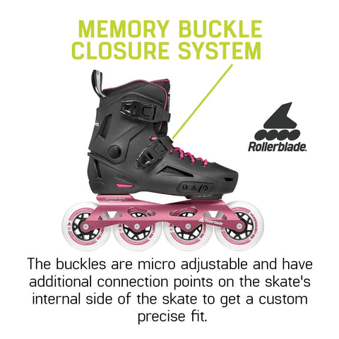 Side view of Lightning 90 Womens Urban Inline Skates in Black and Sangria with memory buckle closure and 90mm wheels.