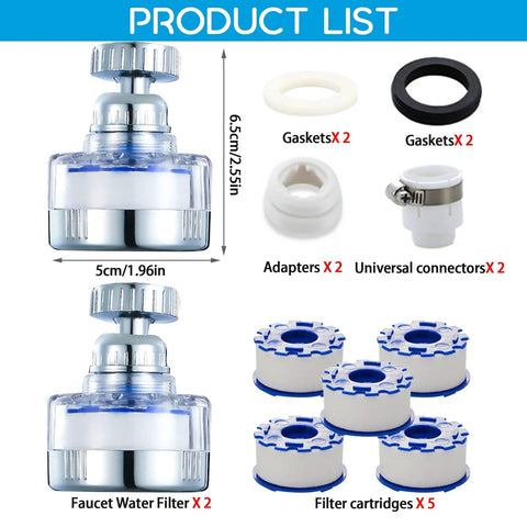 2 Pack 360 Degree Rotating Faucet Filter Purifier for Kitchen and Bath with adapters, gaskets, and filter cartridges included