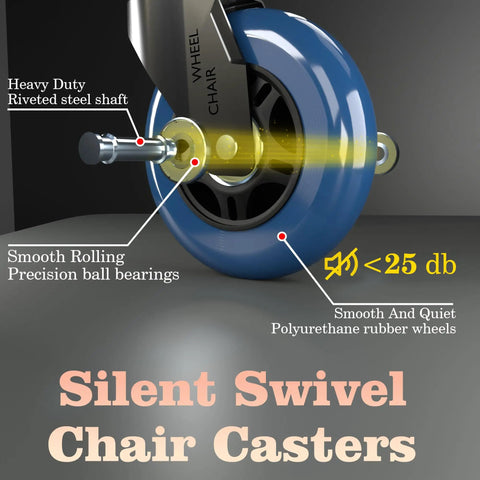 Premium Rubber Office Chair Wheels Replacement Set Of 5 Universal Fit For Gaming And Desk Chairs Plug And Play Install Floor Savers Silent Smooth Ride Quick Swap No Sweat Style Blue with precision ball bearings.