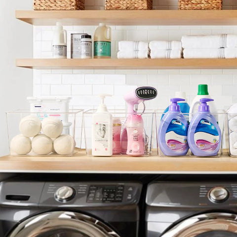 Extra Large Clear Plastic Storage Bins 4 Pack 11x11 Cube Organizer Squares With Handles For Pantry Closet Kitchen Bathroom Under Sink And Laundry Room See Through Durable Stackable Storage Containers For Clutter Busting Organization on laundry room shelf.
