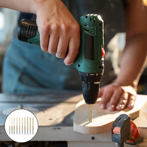 Person using a drill with 10 Pack Mini Twist Drill Bit Set 0.6mm To 2.2mm Titanium Coated High Speed Steel Micro Drill Bits for DIY projects
