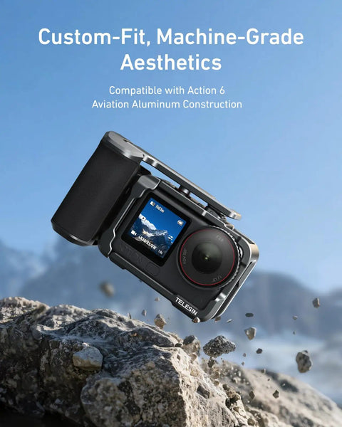 Street Grip Kit For DJI Action 6 With Metal Cage Camera Grip Holder Seesaw Shutter Button in mid-air, aluminum body