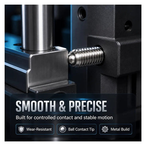 Close-up of Badass Hex Socket Spring Ball Plunger Set Screw Kit with metal build and ball contact tip for precise motion.