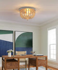 Boho Wood Bead Chandelier With Oak Finish Two Light Semi Flush Mount in a modern home office setting
