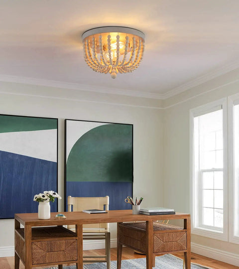 Boho Wood Bead Chandelier With Oak Finish Two Light Semi Flush Mount in a modern home office setting