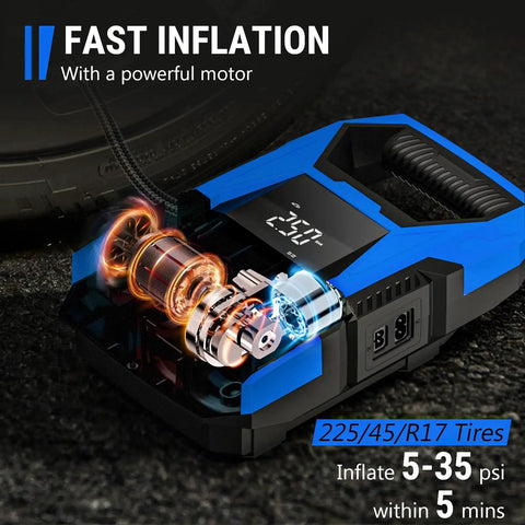 No Drama Portable Tire Inflator Air Compressor with Smart Pressure Gauge showing powerful motor and digital display.