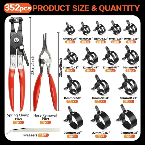 352-Piece Spring Band Hose Clamp Kit For Automotive And DIYers, 15 Sizes From 6 To 25mm, shown with pliers and tweezers