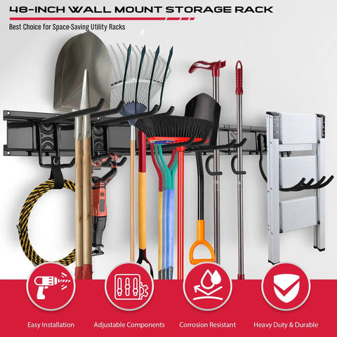 Heavy Duty Garage Wall Organizer With Adjustable Hooks Wall Mount Tool Rack For Garden Gear Holds Up To Three Hundred Pounds No Sweat Install Kit Features Three Rugged Panels Eight Flex Hooks And Mounting Straps