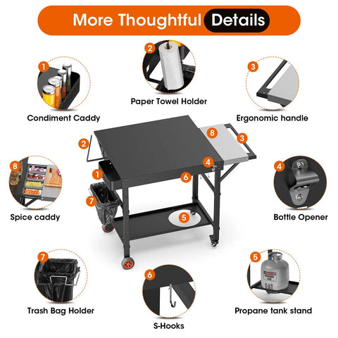 Heavy Duty Pizza Oven Table With Topping Station On Wheels Gigantic Countertop Cart For Large Pizzas And Outdoor Grillin Fits Big Ovens And Most Cart Sizes Easy Assembly Stable Stand For Parties showing storage and feature details.