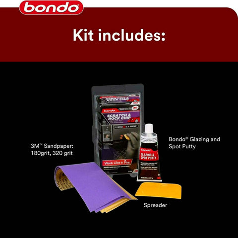 Scratch And Rock Chip Repair Kit For Cars With Paintable Finish Permanent Non Shrinking Repair In Under An Hour Includes Glazing Putty Spreader And 3M Sandpaper for Quick Auto Body Touchups, showing kit contents.