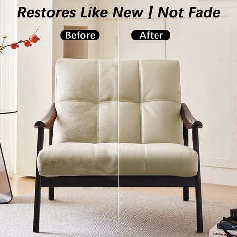 Before and after comparison of a couch restored with Top Shelf Leather Recoloring Balm And Rich Color Restorer Conditioner For Couches Faded Sofas Scratch Remover No Fuss Touch Up Slick Formula Snaps Dry Cracks Back To Life Solid Gear Refresh.