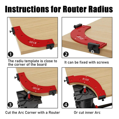 Instructions showing the Five-Piece Router Corner Radius Template Set For Woodworking With Durable Aluminum Radius Jig and Corner Routing Guide in use on wood board.
