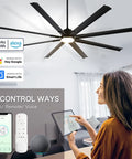 84 Inch Smart Outdoor Ceiling Fan With Light Knockout Industrial Design Eight Anodized Aluminum Blades Quiet DC Motor serious airflow, remote control usage