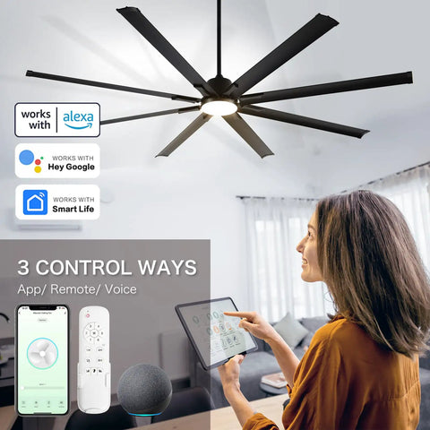 84 Inch Smart Outdoor Ceiling Fan With Light Knockout Industrial Design Eight Anodized Aluminum Blades Quiet DC Motor serious airflow, remote control usage