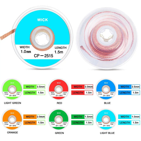Six Piece Solder Wick Braided No Clean Desoldering Wicks Set 0.04 Inch 0.05 Inch 0.07 Inch 0.1 Inch 0.12 Inch 0.14 Inch 5 Feet Each Multi Color For Electronics Repair PCB Boards And Component Removal with labeled reels showing different widths and colors.