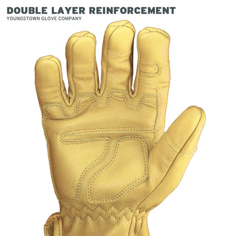 Double Layered Leather Work Gloves for Men With Arc Rated Puncture Resistant Safety 3D Construction For Dexterity Grip And Mobility Ergonomic Fit Keeps You Cool On The Job Tan Large showcasing palm view with visible stitching.
