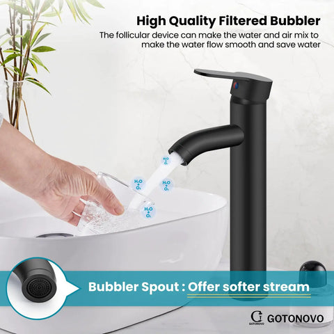 Vessel Sink Faucet Sleek Matte Black One Hole Deck Mount Lavatory Mixer Tap with water flowing into white basin