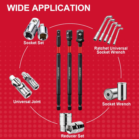 Eight Piece Impact Socket Adapter Set For Three Eighths Inch Drive With Two And A Half Inch Extension High Torque Absorbing Design