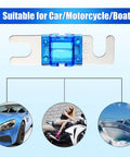 18 Piece Mini ANL Fuse Kit for Car Audio and Marine Electronics, blue plated fuse with car, motorcycle, and boat illustrations