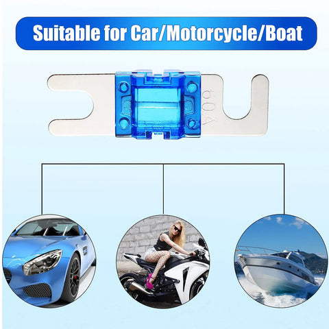 18 Piece Mini ANL Fuse Kit for Car Audio and Marine Electronics, blue plated fuse with car, motorcycle, and boat illustrations