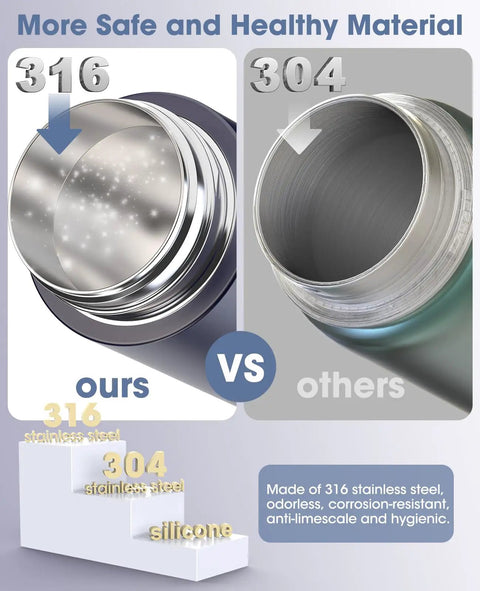 Comparison of 316 stainless steel vs 304 steel showing internal material quality for On The Go Dual Voltage Travel Kettle 110 To 240V Portable 370ml Stainless Steel Electric Kettle With 6 Temperature Settings And LCD Display For Tea And Coffee Global Use.