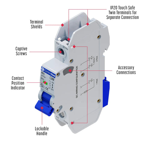 Compact UL489 Mini Circuit Breaker 2 Amp C Curve 277VAC 60VDC 10kAIC DIN Rail Mount Non Polarized MCB close-up view