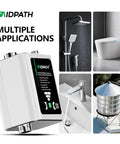 Water Pressure Booster Pump With 32 PSI 115V Automatic Variable Speed And CCS, shown with multiple home use applications.