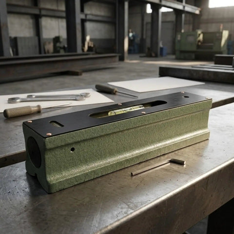 Machinist For Spirit Level, 0.02mm Steel Level For Machine Tool Alignment on a workbench, showing green steel body and vials.