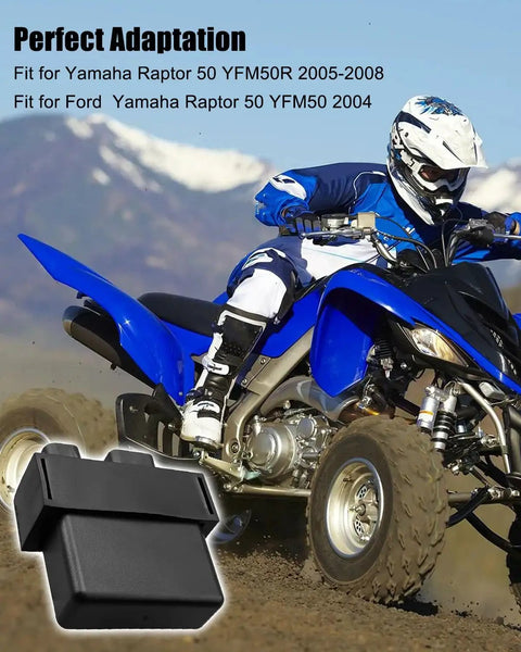All In One Ignition Coil, Spark Plug, And CDI Box Kit For Raptor 50 YFM50R YFM50 2004-2008 in front of a Yamaha Raptor ATV