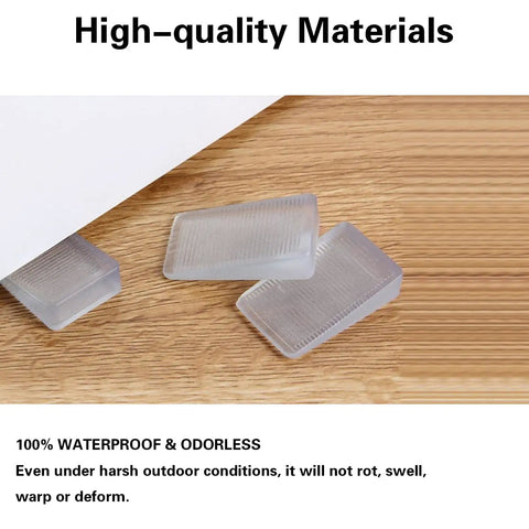 Pack of three clear plastic shims on wooden floor for leveling, showing non-slip texture surface.