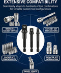 3 Piece Impact Socket Adapter Set With One Quarter Inch, Three Eighth Inch And One Half Inch Drive Heads Converts Your Power Tools Into A Serious Wrench, Heavy Duty Socket Adapters For Auto Repair And Mechanical Projects, Hex Nut Driver Bits image showing extensive compatibility with wrench, socket, and ratchet set applications.