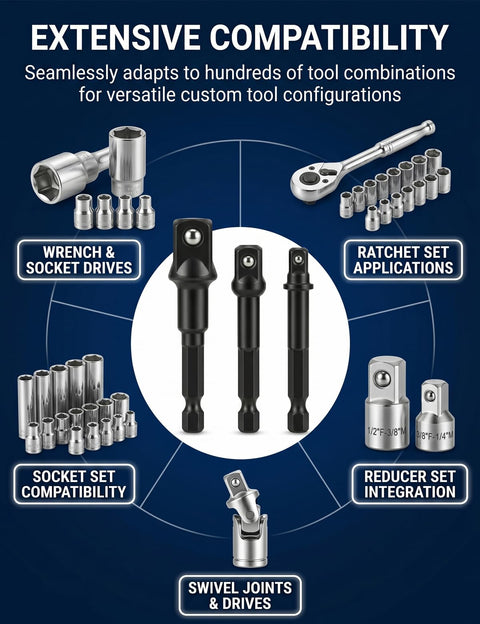 3 Piece Impact Socket Adapter Set With One Quarter Inch, Three Eighth Inch And One Half Inch Drive Heads Converts Your Power Tools Into A Serious Wrench, Heavy Duty Socket Adapters For Auto Repair And Mechanical Projects, Hex Nut Driver Bits image showing extensive compatibility with wrench, socket, and ratchet set applications.