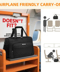 Underseat Duffle Bag For Women Ultra Lightweight Foldable Carry On Luggage Ideal Weekender Or Overnight Tote Personal Item For Air Travel Fits Under Seat 16 Inch Black displayed on airplane seat and overhead bin diagram.