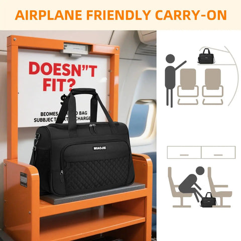 Underseat Duffle Bag For Women Ultra Lightweight Foldable Carry On Luggage Ideal Weekender Or Overnight Tote Personal Item For Air Travel Fits Under Seat 16 Inch Black displayed on airplane seat and overhead bin diagram.