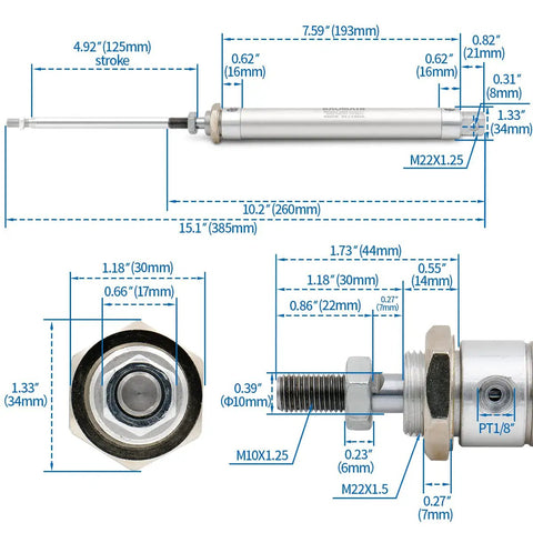 Shop Ready Mini Pneumatic Air Cylinder With One Inch Bore And Five Inch Stroke dimensions and thread ports diagram.